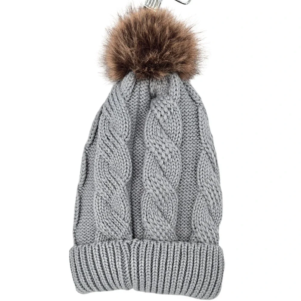 Spyder Womens Cable Knit Beanie Faux Fur Lined Pom Pom Hat Pewter‎ Grey OLSP982W